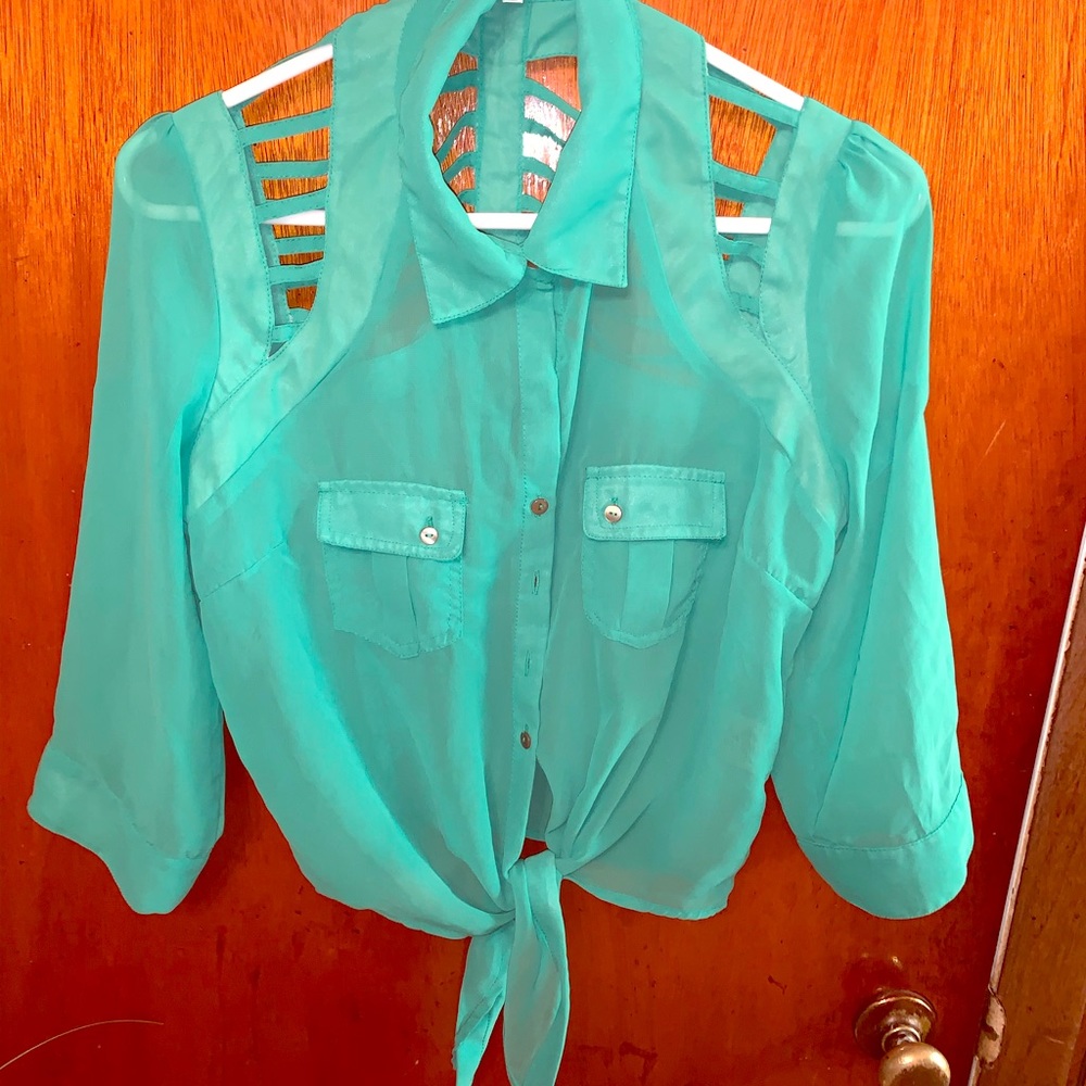 Green sheer cut-out button up with bottom tie